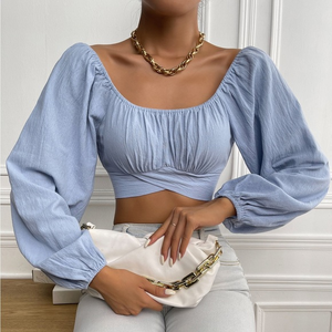 Blue open back long sleeve‎ crop top